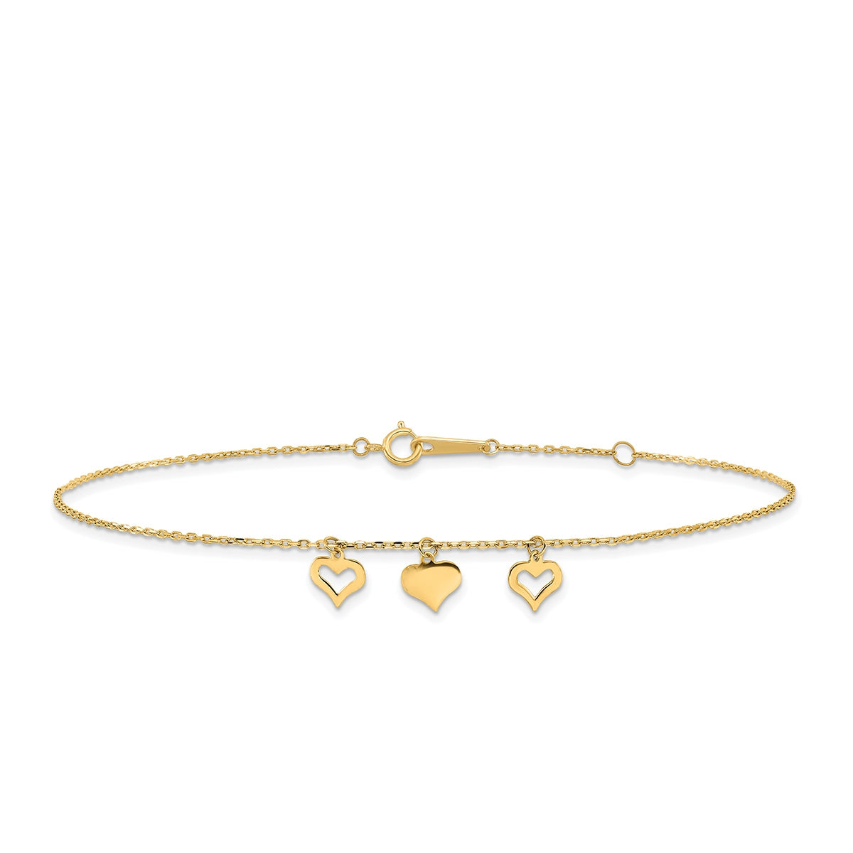 9-inch Adjustable Triple Heart Charm Ankle Bracelet in 10K Yellow Gold