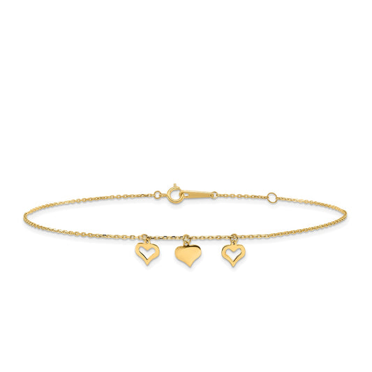 9-inch Adjustable Triple Heart Charm Ankle Bracelet in 10K Yellow Gold