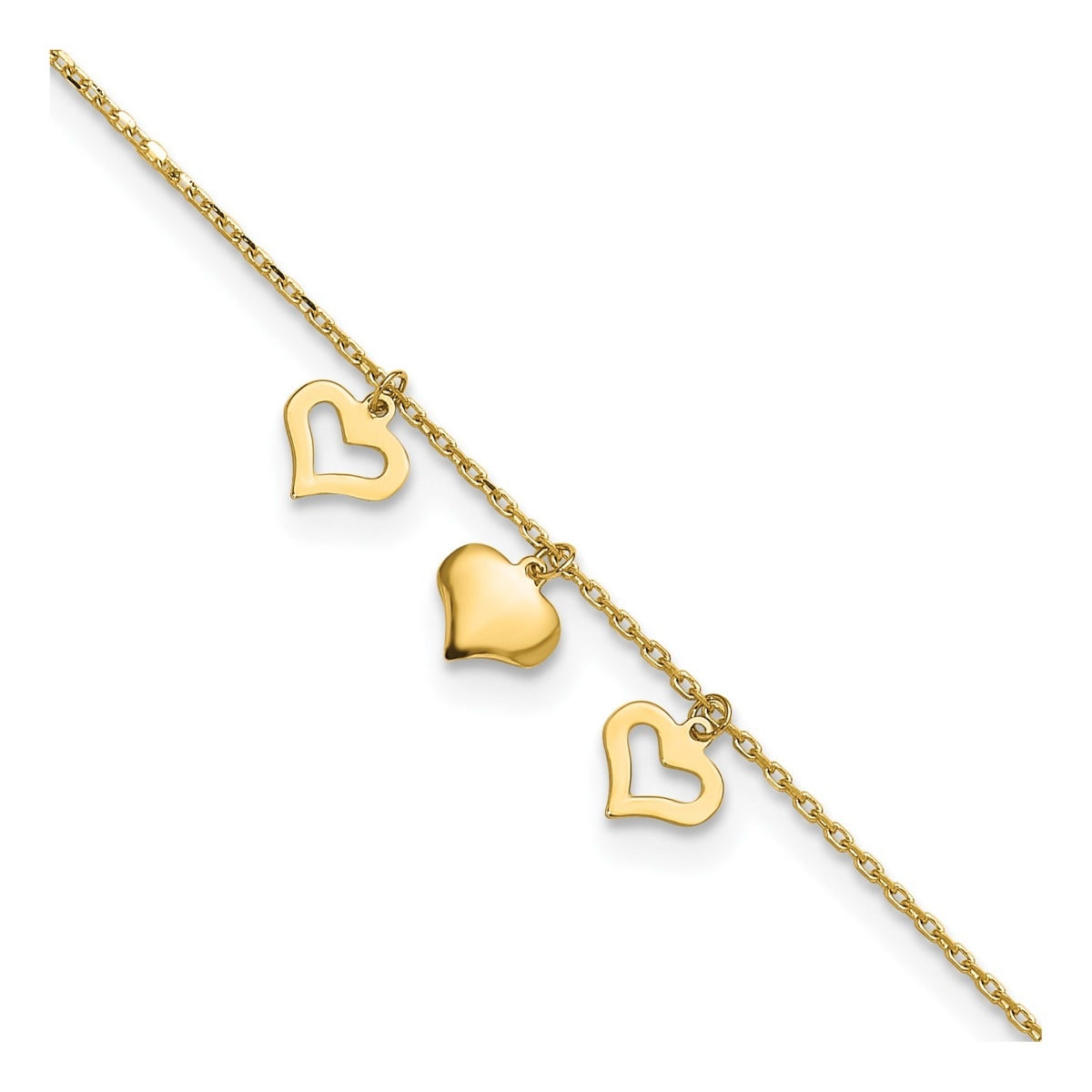 9-inch Adjustable Triple Heart Charm Ankle Bracelet in 10K Yellow Gold front view