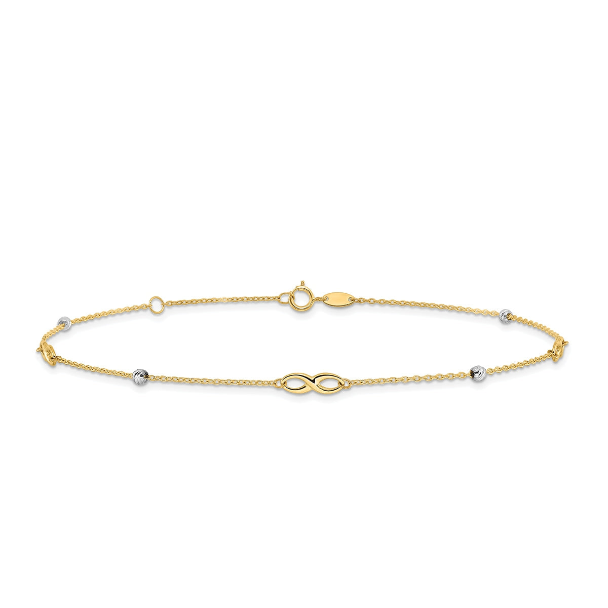 10-inch Adjustable Infinity & Diamond Cut Bead Ankle Bracelet in 10K Yellow & White Gold