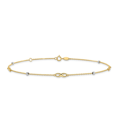 10-inch Adjustable Infinity & Diamond Cut Bead Ankle Bracelet in 10K Yellow & White Gold
