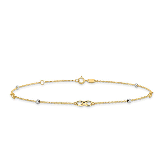 10-inch Adjustable Infinity & Diamond Cut Bead Ankle Bracelet in 10K Yellow & White Gold