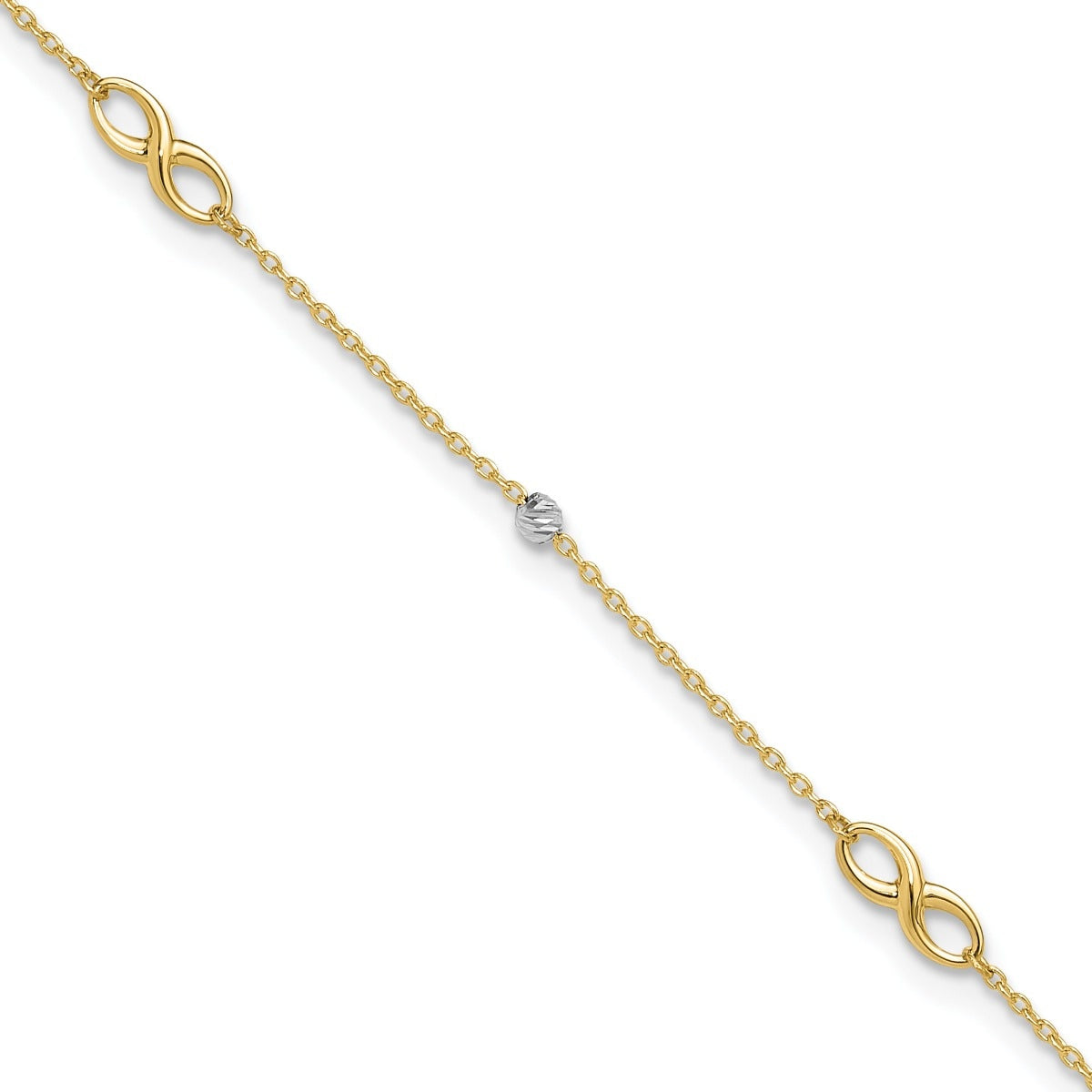 10-inch Adjustable Infinity & Diamond Cut Bead Ankle Bracelet in 10K Yellow & White Gold front view