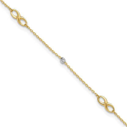 10-inch Adjustable Infinity & Diamond Cut Bead Ankle Bracelet in 10K Yellow & White Gold front view