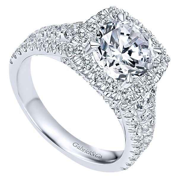 Gabriel & Co. 1.63 ct. tw. Round Halo Semi-Mount Engagement Ring with Tapered Side Diamond Band in 14K White Gold front view