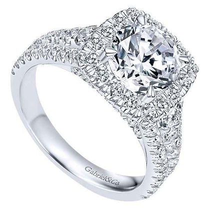Gabriel & Co. 1.63 ct. tw. Round Halo Semi-Mount Engagement Ring with Tapered Side Diamond Band in 14K White Gold front view