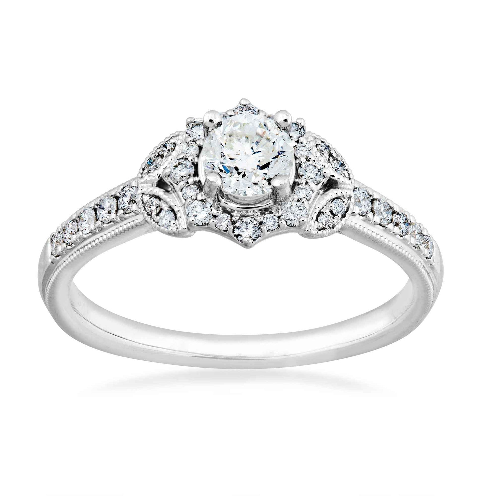Natural 5/8 ct. tw. Diamond Starburst Halo Engagement Ring in 14K White Gold