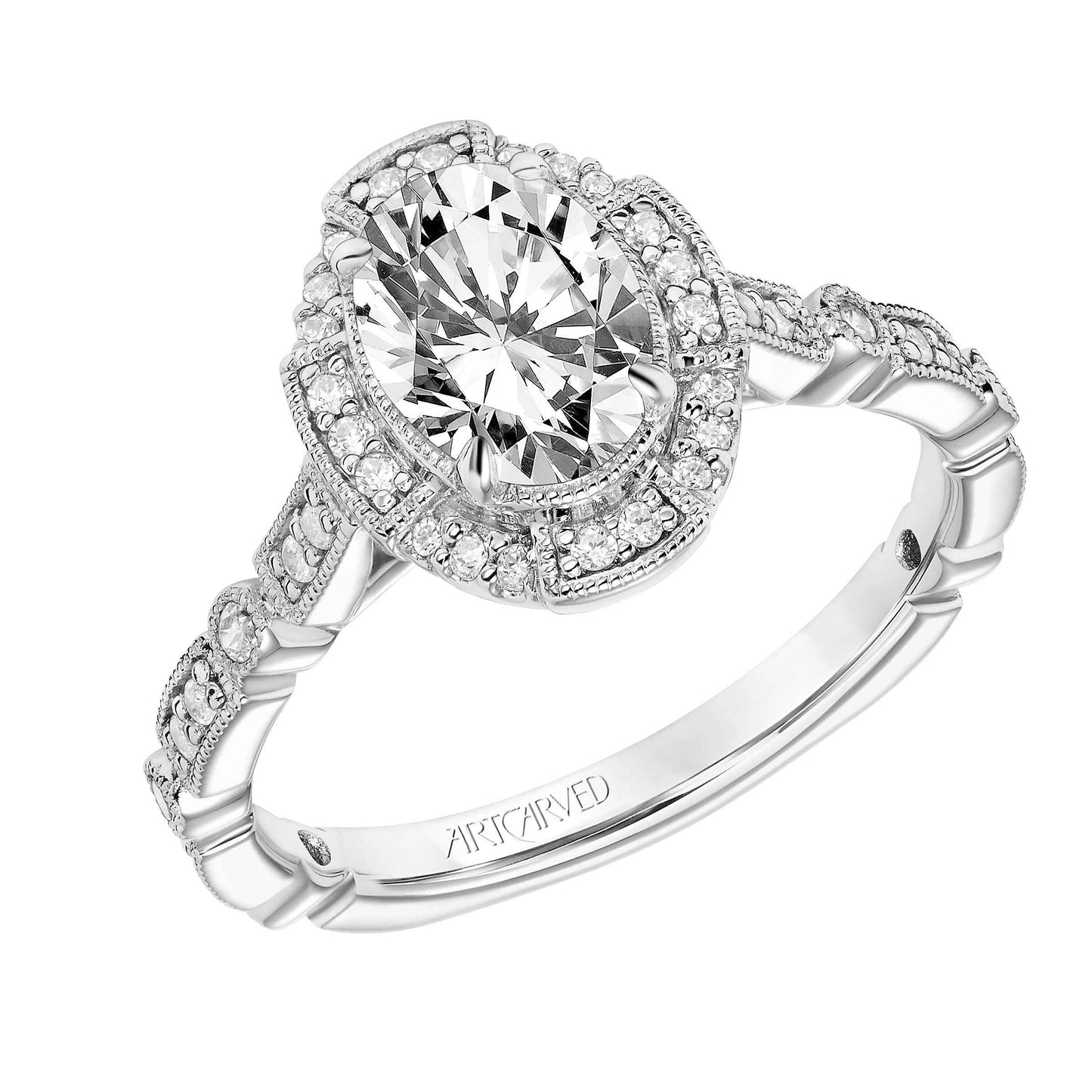 ArtCarved Vintage 1/4 ct. tw. Oval Diamond Semi-Mount Engagement Ring with Milgrain Detailing in 14K White Gold front view
