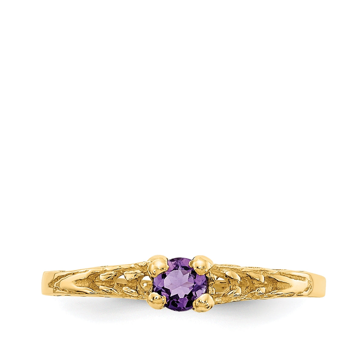 Children's Amethyst February Birthstone Ring in 10K Yellow Gold close-up detail