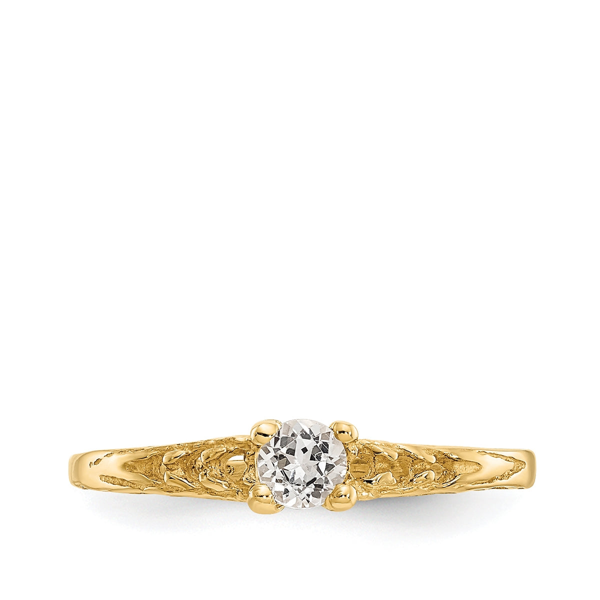 Children's White Topaz April Birthstone Ring in 10K Yellow Gold close-up detail