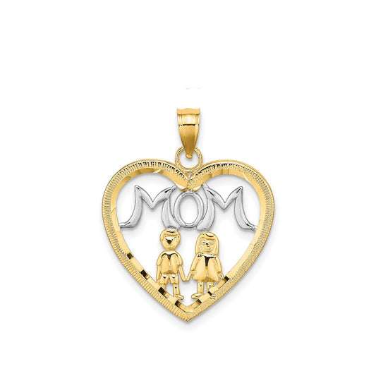 Mom & Children Pendant with Rhodium Plating in 10K Yellow Gold