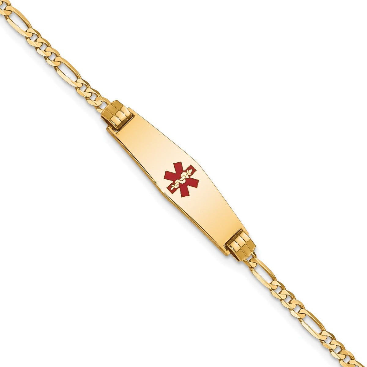 2.5mm 7-inch Figaro Chain Medical ID Bracelet in 10K Yellow Gold front view