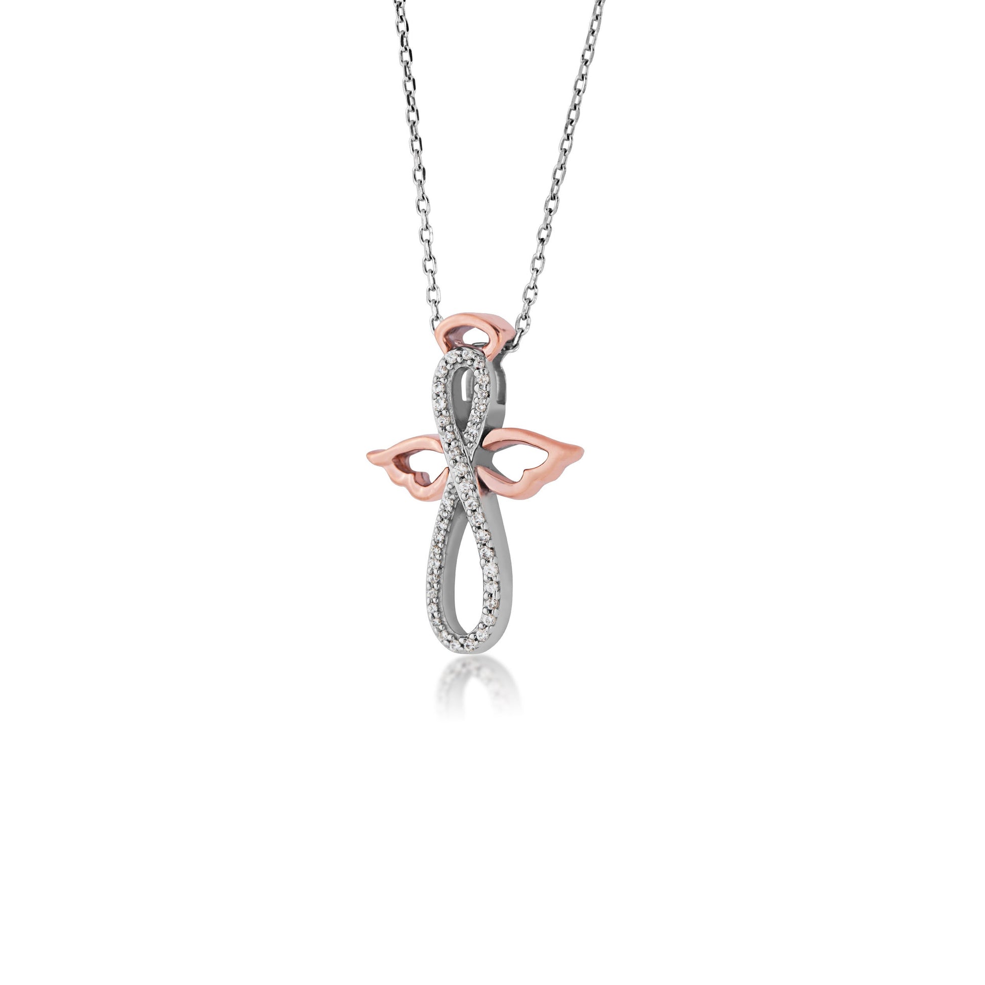 Infinite Love 1/10 ct. tw. Diamond Infinity Angel Pendant in Sterling Silver and 10K Pink Gold