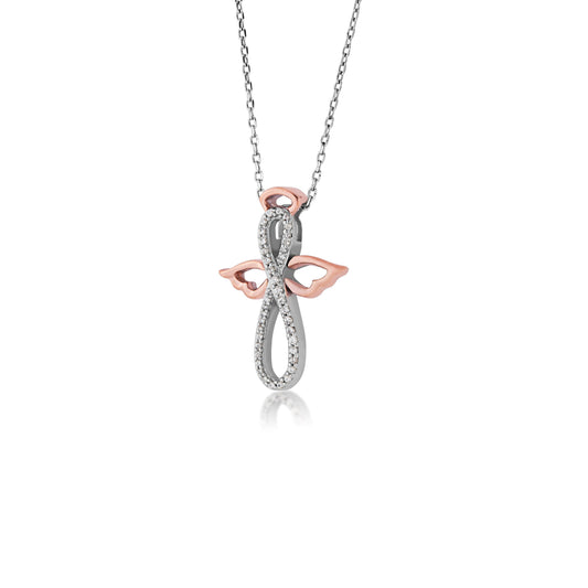 Infinite Love 1/10 ct. tw. Diamond Infinity Angel Pendant in Sterling Silver and 10K Pink Gold
