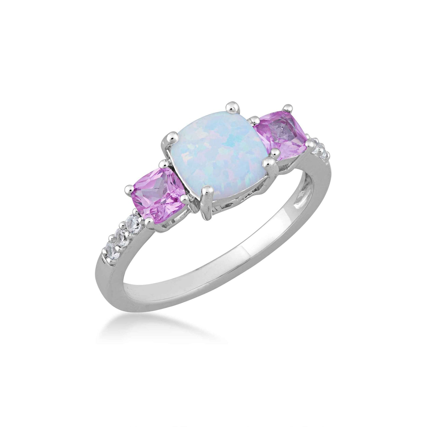 3-Stone Created Cushion Opal & Pink Sapphire Ring with White Sapphire Accents in Sterling Silver front view
