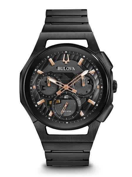 Bulova CURV Collection Men's 5-Hand Chronograph Watch with Rose Gold-Tone Accents & Exhibition Caseback in Black Stainless