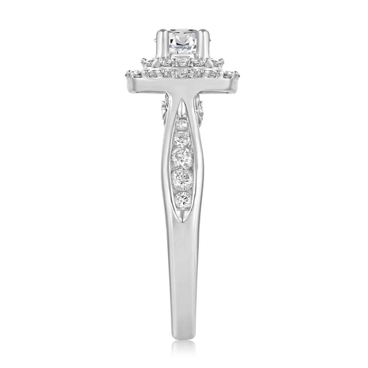 Amaura 7/8 ct. tw. Round Brilliant Diamond Double Halo Engagement Ring in 14K White Gold close-up detail
