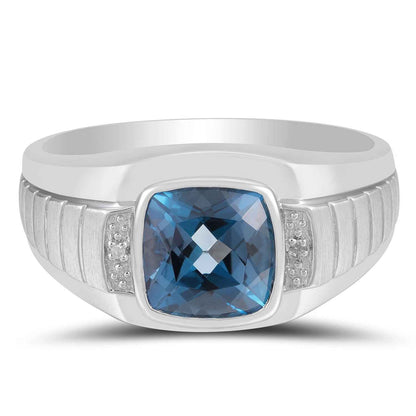Men's Genuine Cushion Cut London Blue Topaz Ring with .01 ct. tw. Diamond Accents in Sterling Silver