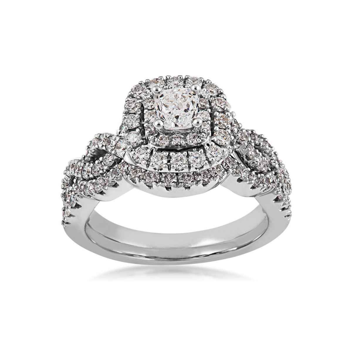 Natural 1-1/2 ct. tw. Cushion Diamond Double Halo Wedding Set in 14K White Gold