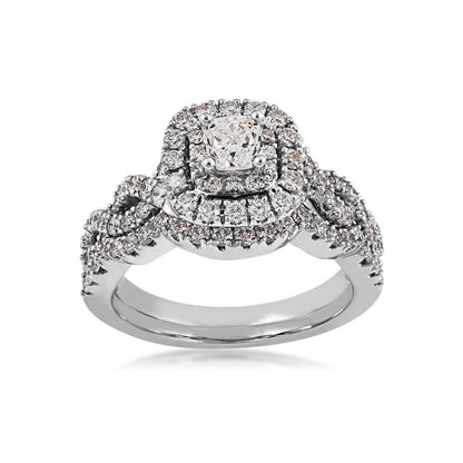 Natural 1-1/2 ct. tw. Cushion Diamond Double Halo Wedding Set in 14K White Gold