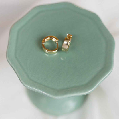 Shiny Huggie Hoop Earrings in 10K Yellow Gold close-up detail