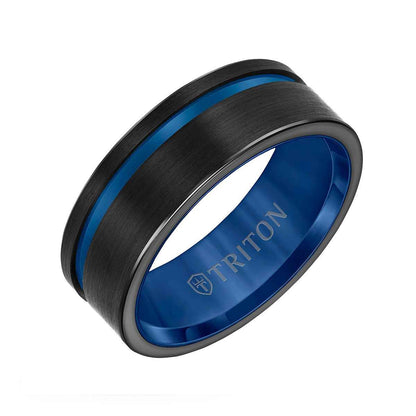 Triton Men's 8mm Blue Cut Tungsten Wedding Band front view