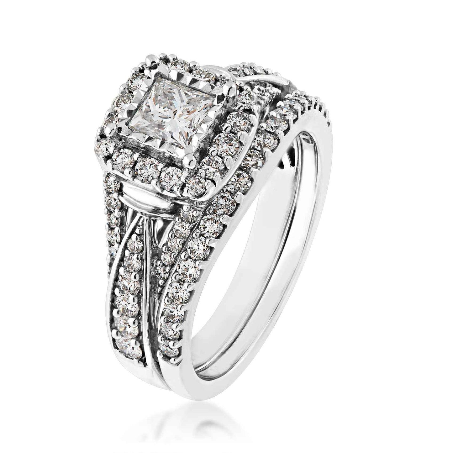 Natural 1-1/4 ct. tw. Princess Cut Diamond Halo Wedding Set in 14K White Gold close-up detail