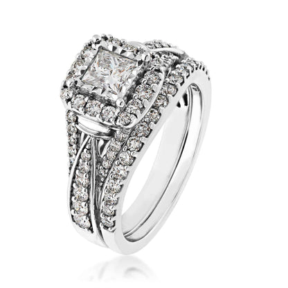 Natural 1-1/4 ct. tw. Princess Cut Diamond Halo Wedding Set in 14K White Gold close-up detail