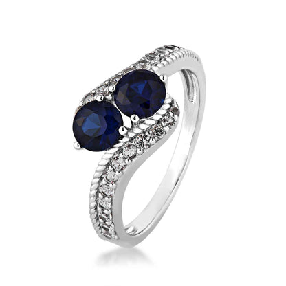 Created Round Blue & White Sapphire 2 Stone Ring with Rope Detailing in Band in Sterling Silver front view