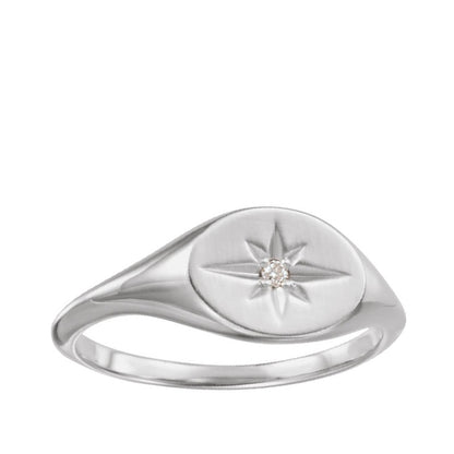 Diamond Accent Starburst Signet Ring in 14K White Gold