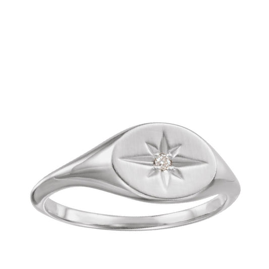 Diamond Accent Starburst Signet Ring in 14K White Gold
