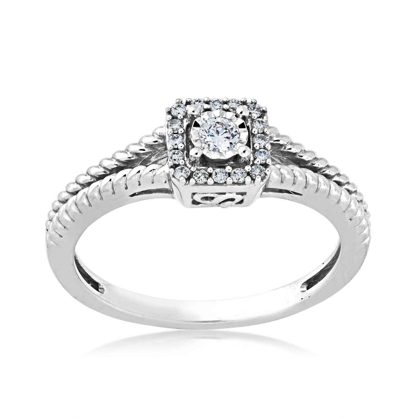 I Promise 1/8 ct. tw. Round Diamond Halo Promise Ring with Miracle Plating & Rope Detailed Band in 10K White close-up detail