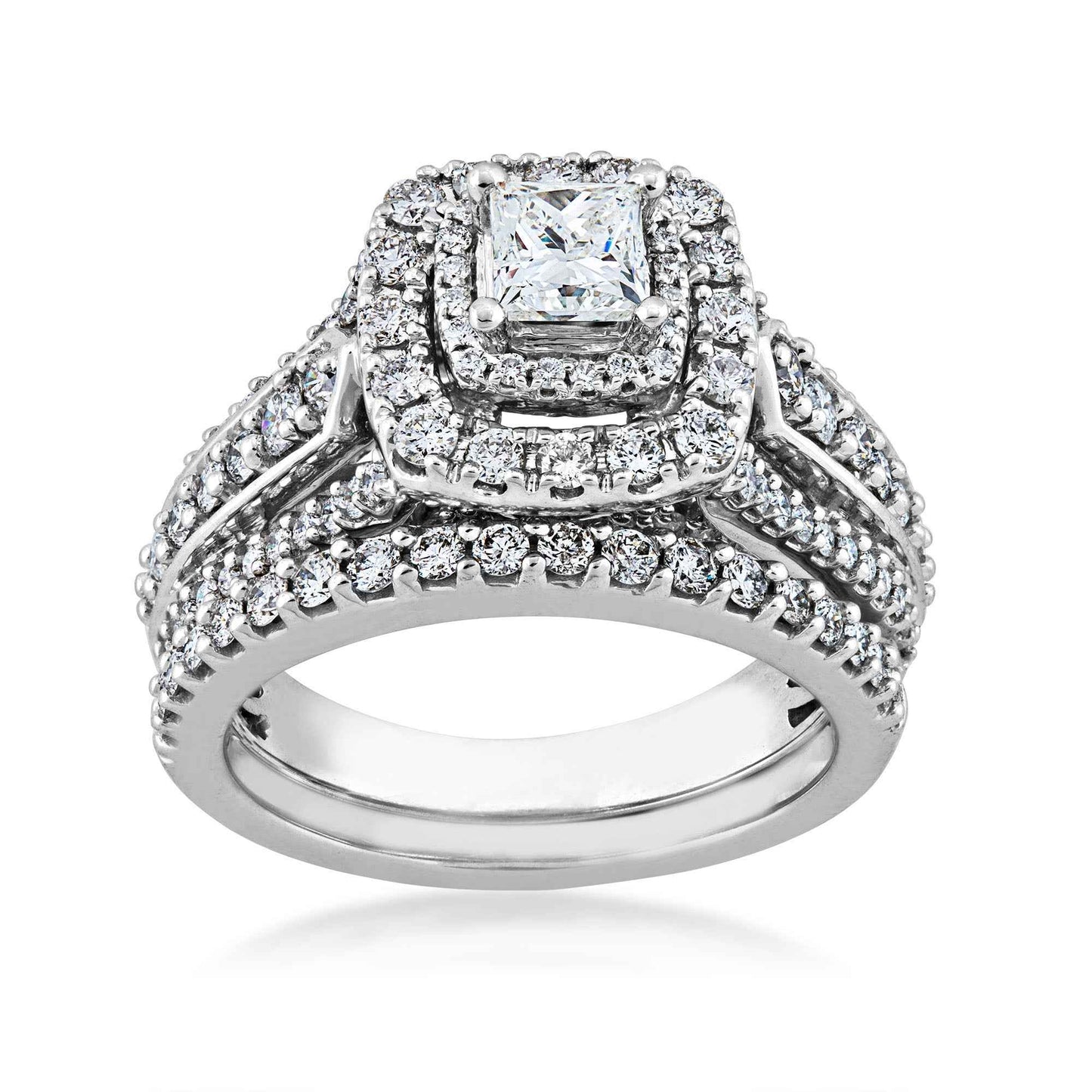 Natural 1-3/4 ct. tw. Princess Cut Diamond Double Halo Wedding Set in 14K White Gold