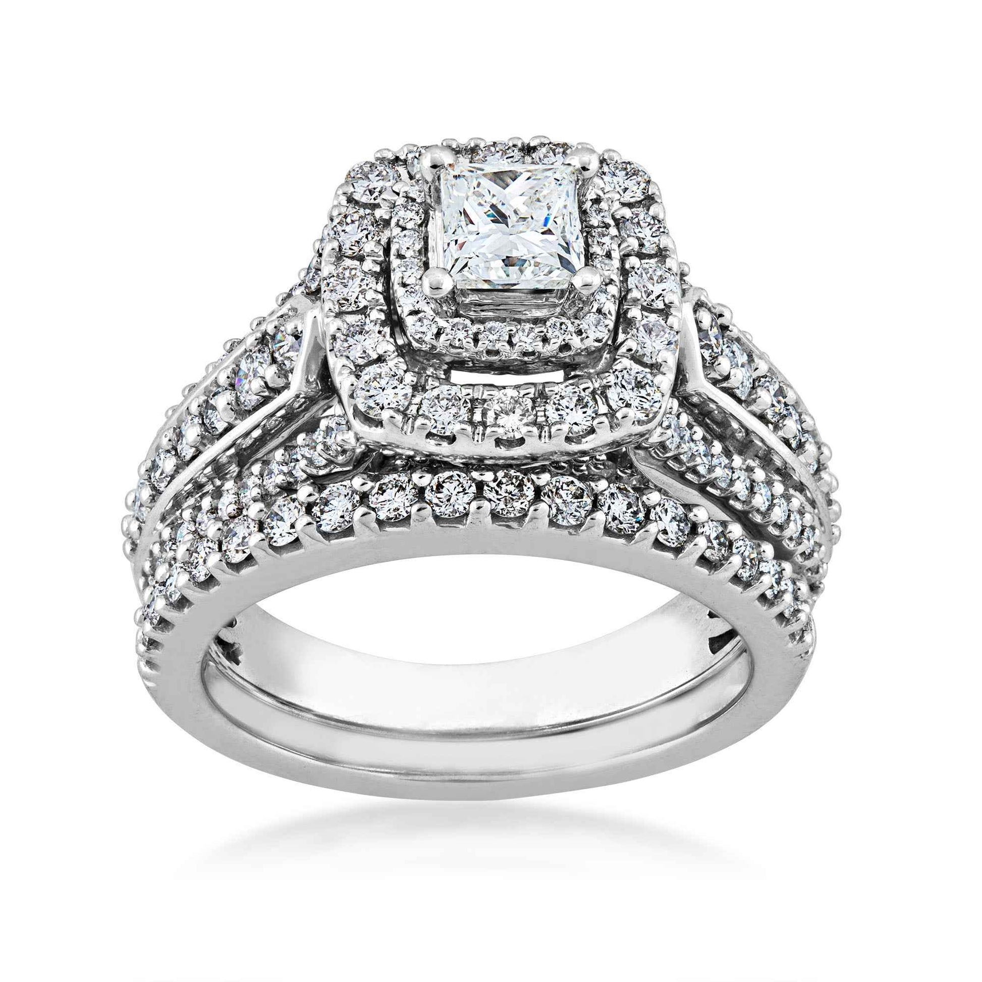 Natural 1-3/4 ct. tw. Princess Cut Diamond Double Halo Wedding Set in 14K White Gold