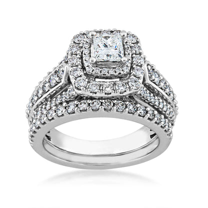 Natural 1-3/4 ct. tw. Princess Cut Diamond Double Halo Wedding Set in 14K White Gold