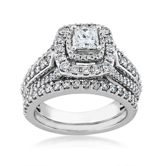 Natural 1-3/4 ct. tw. Princess Cut Diamond Double Halo Wedding Set in 14K White Gold