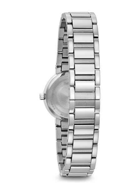 Bulova Modern Collection Ladies' Black Mother-of-Pearl Watch with 12 Diamond Dial Accent in Stainless Steel close-up detail