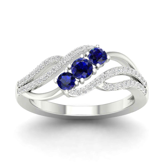 Blue Sapphire and 1/6 ct. tw. 3-Stone Diamond Fashion Ring with Split Upper Band in 10K White Gold