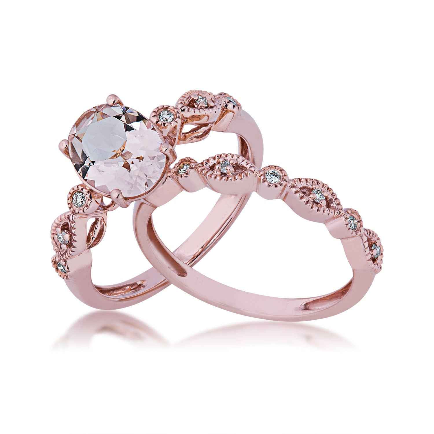 Love in Color Genuine Oval Morganite Wedding Set with 1/10 ct. tw. Diamond Milgrain Accented Band in 14K Pink close-up detail