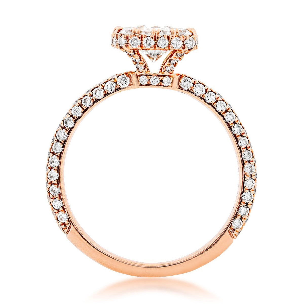 1-7/8 ct. tw. Round Brilliant Diamond Engagement Ring with Pave Diamond Halo & Band in 14K Pink Gold close-up detail