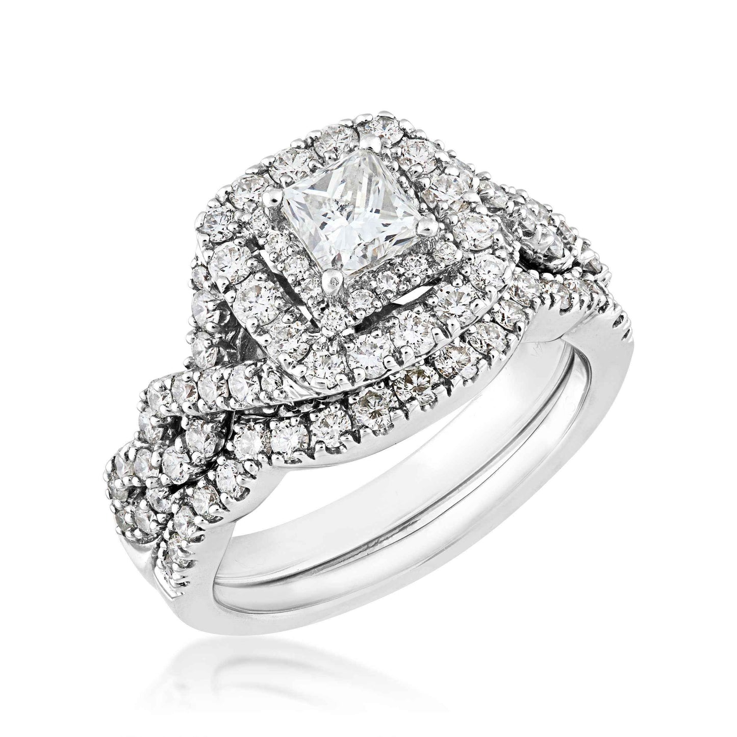 Natural 1-3/4 ct. tw. Princess Cut Diamond Double Halo Twist Wedding Set in 14K White Gold front view
