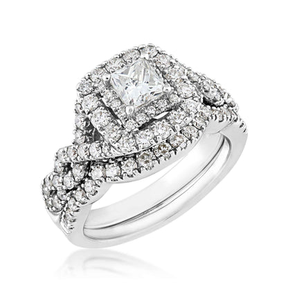 Natural 1-3/4 ct. tw. Princess Cut Diamond Double Halo Twist Wedding Set in 14K White Gold front view