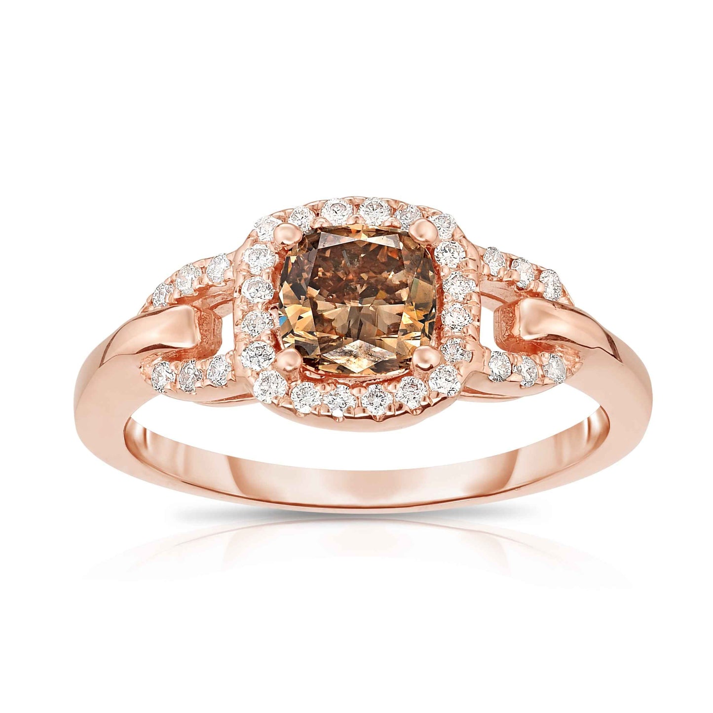 Mocha Lux 9/10 ct. tw. Cushion Cut Mocha Diamond Engagement Ring with Halo and Side Loop Diamonds in 14K Pink Gold
