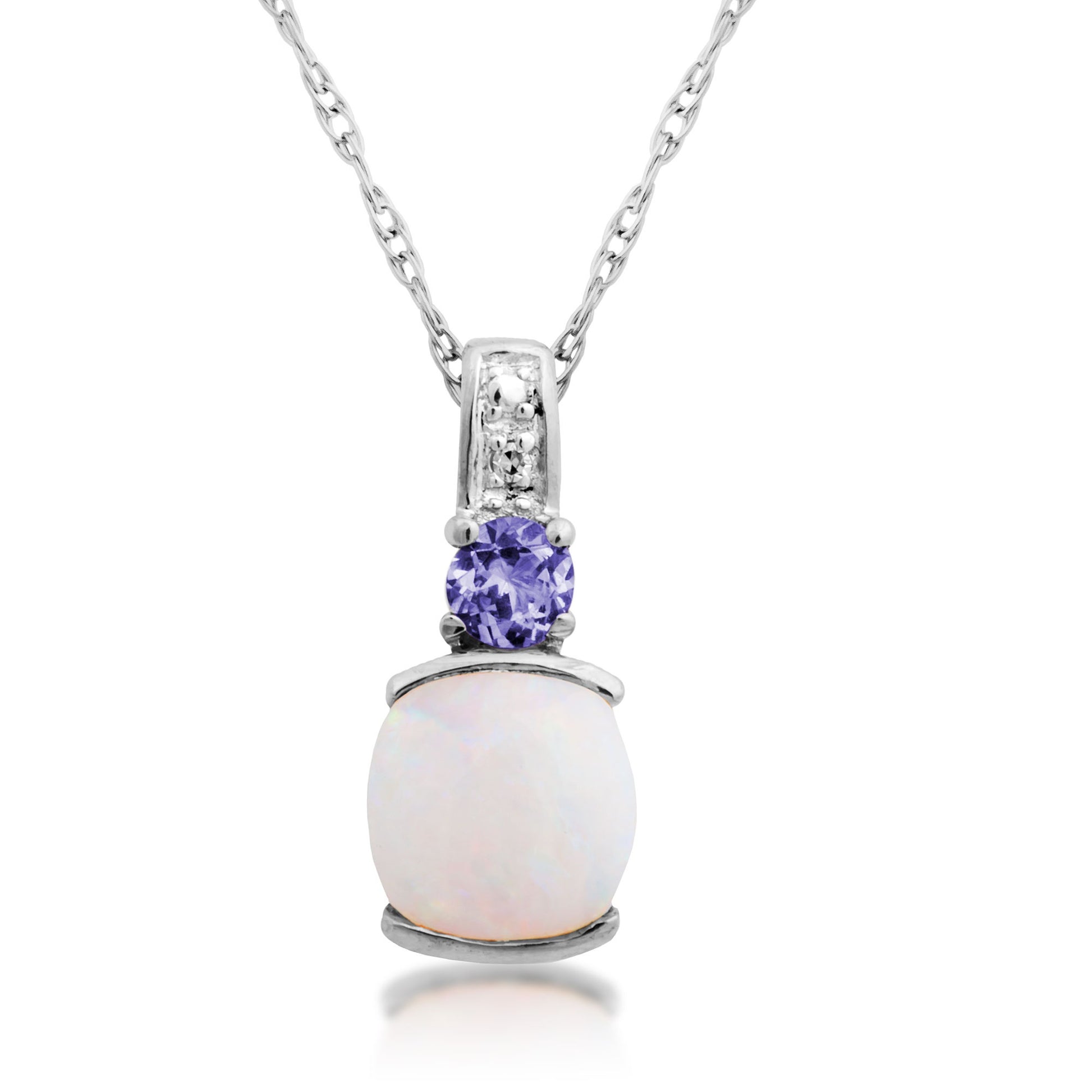 Genuine Round Opal Pendant with Round Tanzanite & Diamond in 10K White Gold