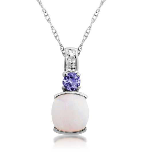 Genuine Round Opal Pendant with Round Tanzanite & Diamond in 10K White Gold