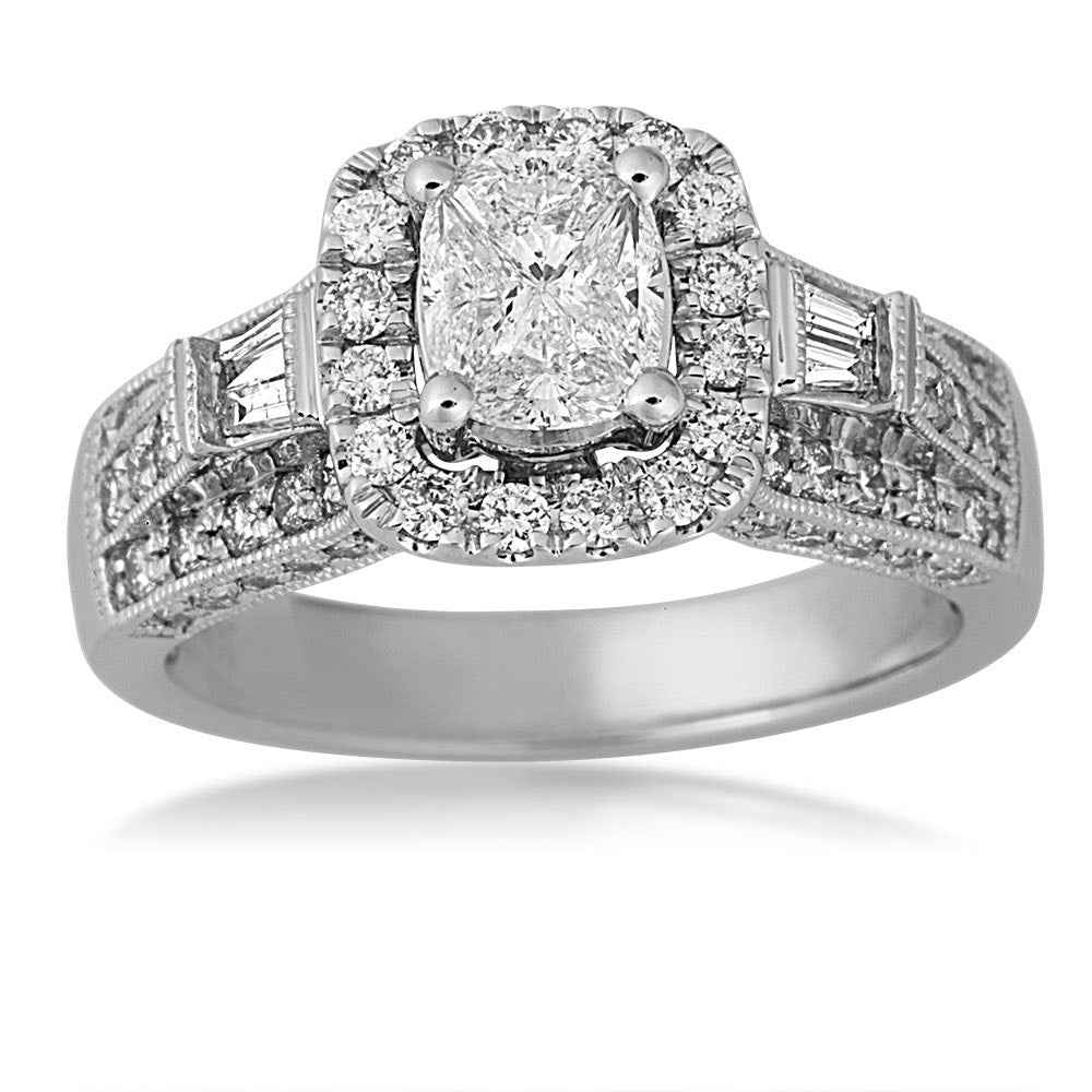 1-1/2 ct. tw. Cushella Diamond Halo Engagement Ring with Side Baguette and Milgrain Design in 14K White Gold