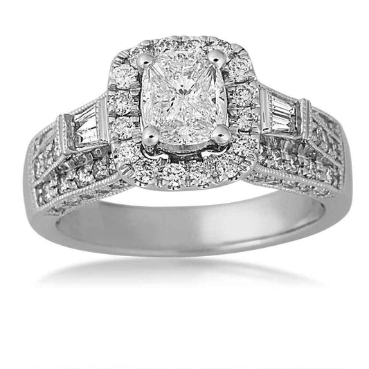 1-1/2 ct. tw. Cushella Diamond Halo Engagement Ring with Side Baguette and Milgrain Design in 14K White Gold