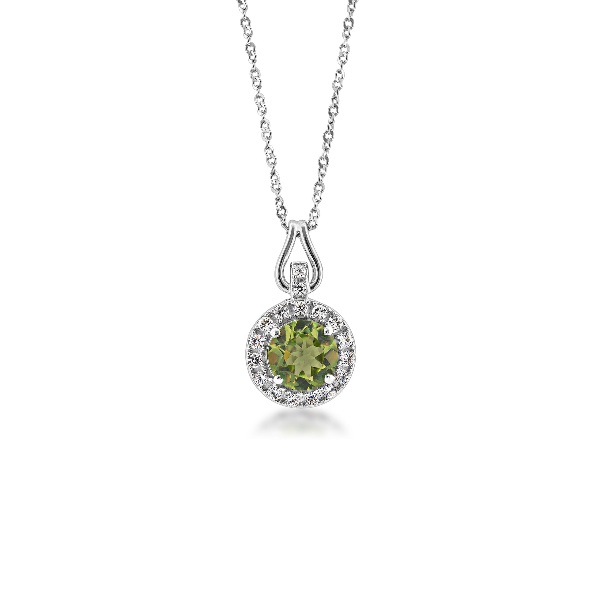 Genuine Round Peridot Fashion Pendant with White Sapphire Halo in Sterling Silver