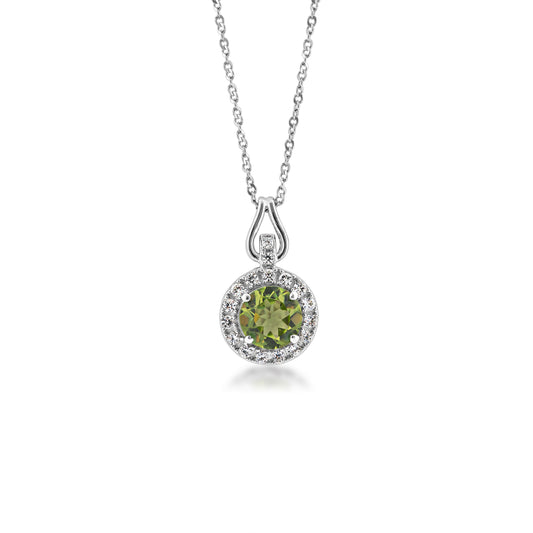 Genuine Round Peridot Fashion Pendant with White Sapphire Halo in Sterling Silver