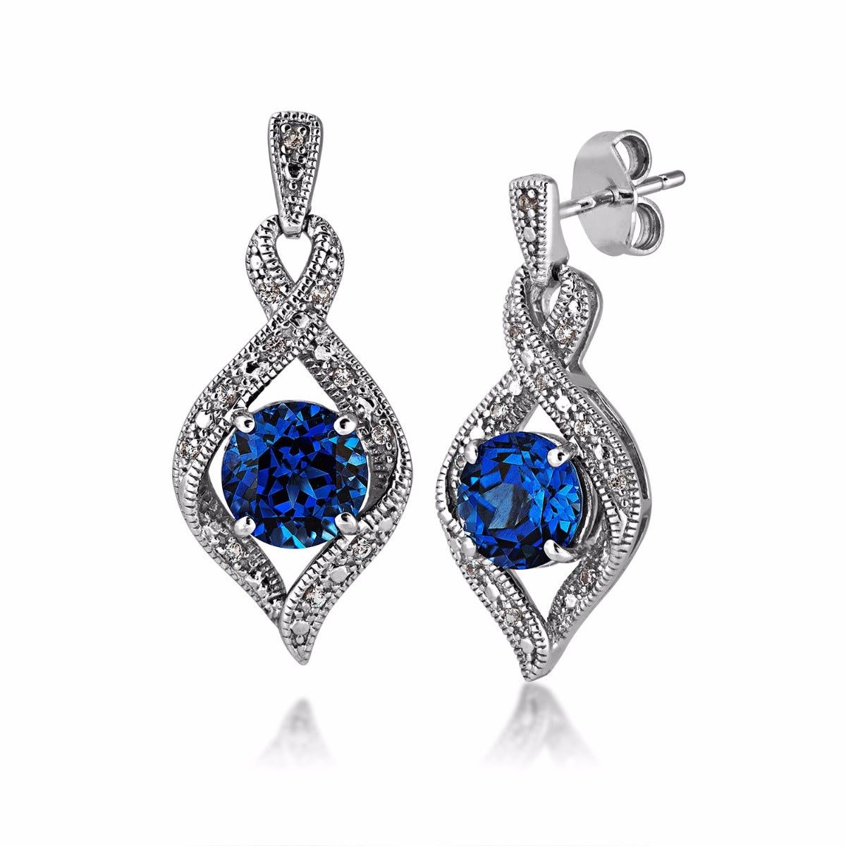 Created Round Blue & White Sapphire Fashion Dangle Earrings in Sterling Silver